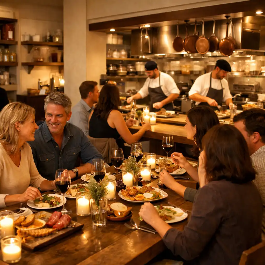 Salle de restaurant avec table d'hôtes conviviale et cuisine ouverte en arrière-plan