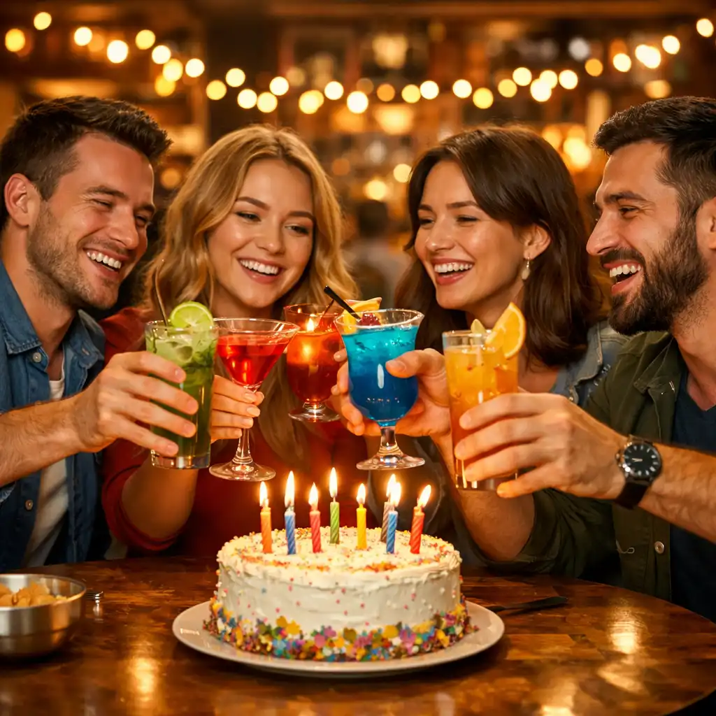 Groupe d'amis portant un toast avec des cocktails autour d'un gâteau d'anniversaire à la brasserie