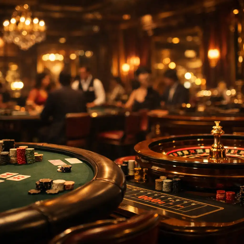 Salle de casino physique élégante avec tables de poker et de roulette, lumières tamisées