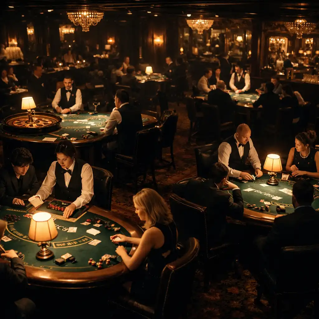 Salle de casino élégante en soirée avec tables de jeu éclairées