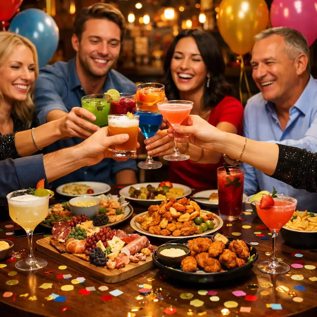Table de fête décorée avec ballons et confettis, groupe de personnes trinquant dans une brasserie