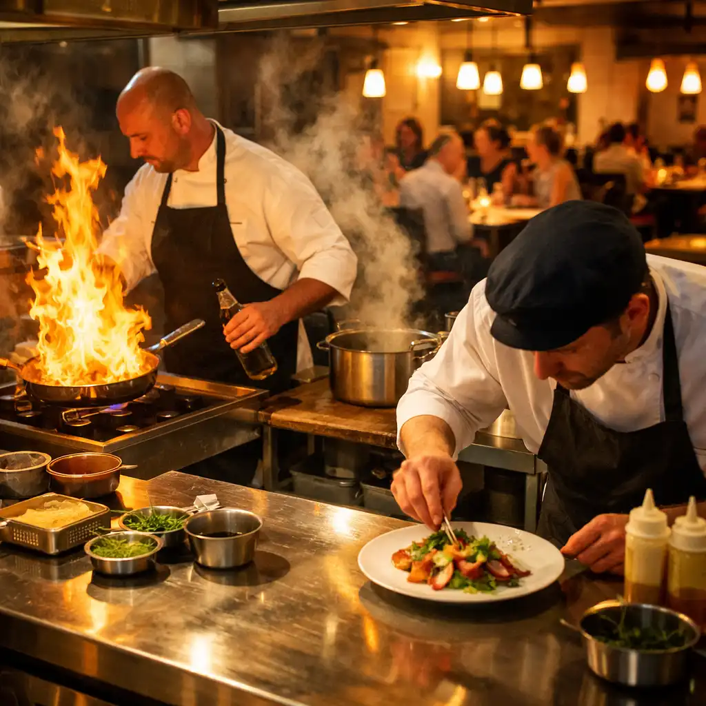 Chefs en action dans une cuisine ouverte avec flammes et vapeur
