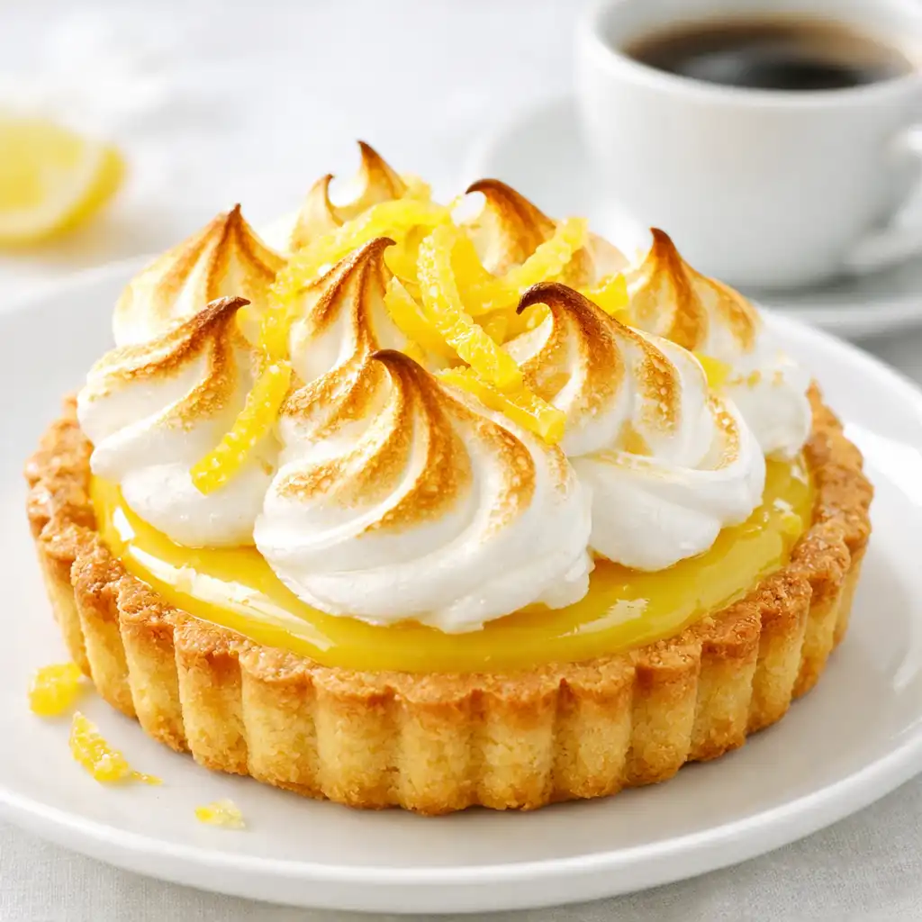 Tarte au citron meringuée avec meringue dorée et zestes de citron confit