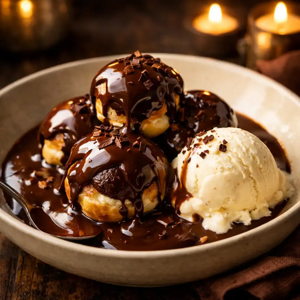 Profiteroles au chocolat nappées de sauce chaude avec une boule de glace à la vanille
