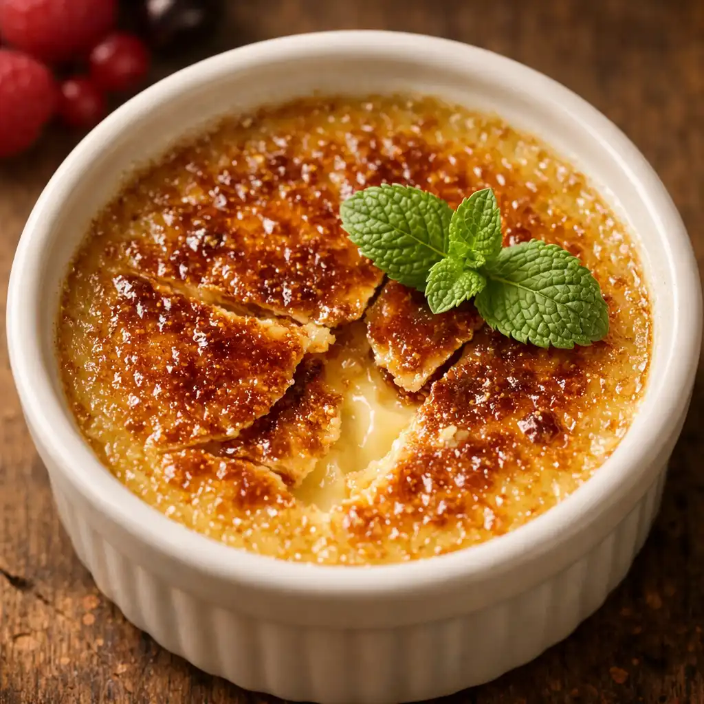 Crème brûlée avec surface caramélisée craquelée et feuille de menthe