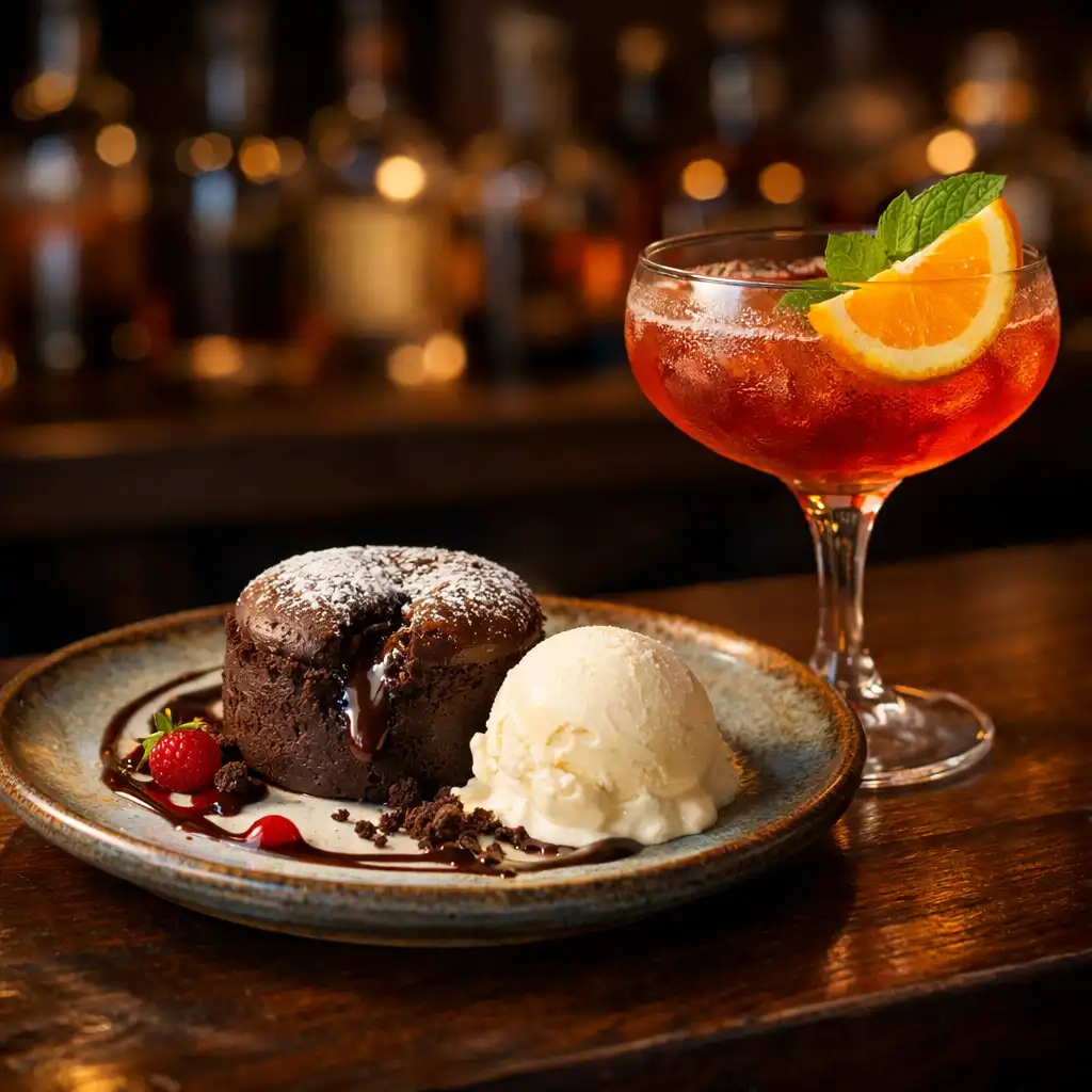 Dessert au chocolat et cocktail coloré sur un comptoir de bar
