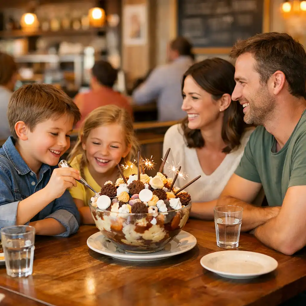 Famille avec enfants partageant un grand dessert au centre d'une table de brasserie