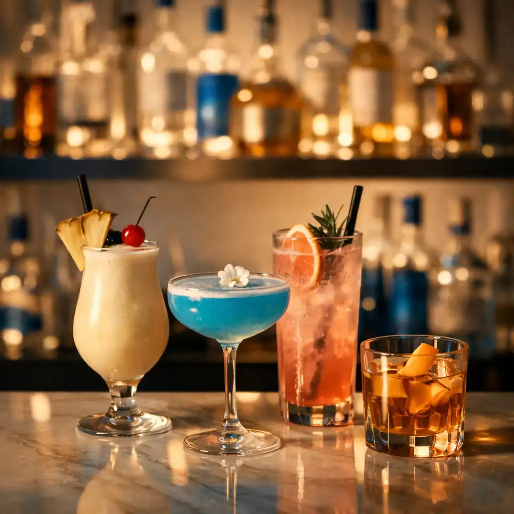 Bar avec cocktails colorés et bouteilles en arrière-plan