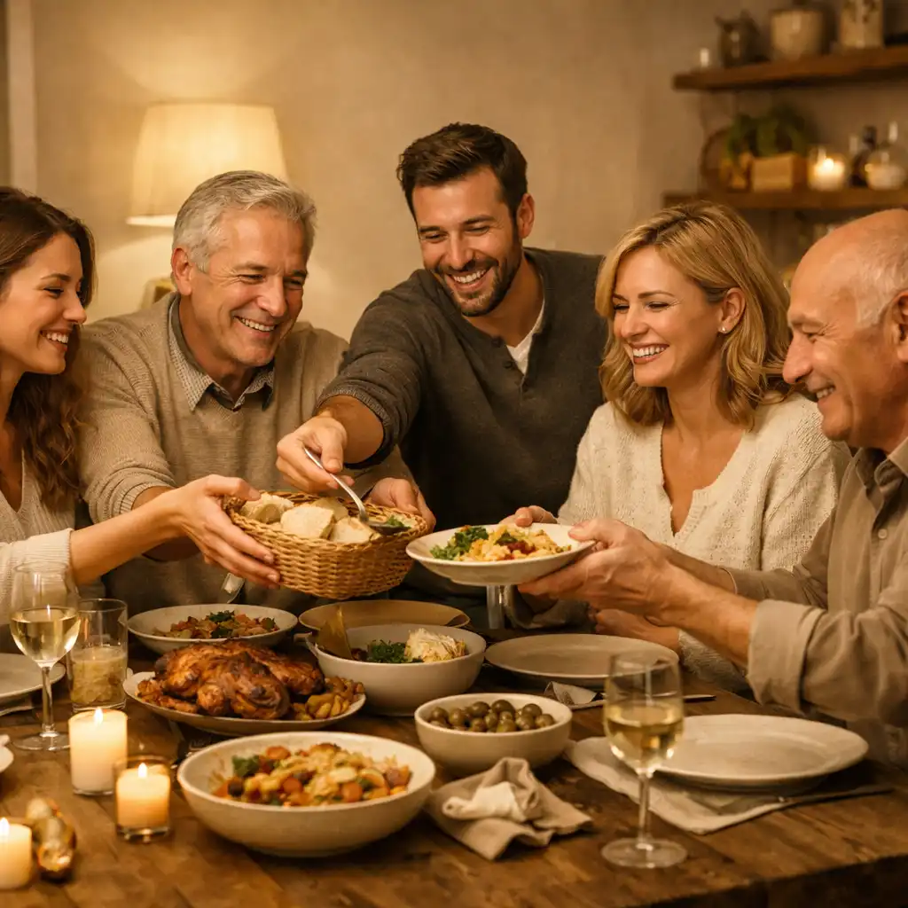 Groupe de convives partageant un repas avec sourires et gestes de partage