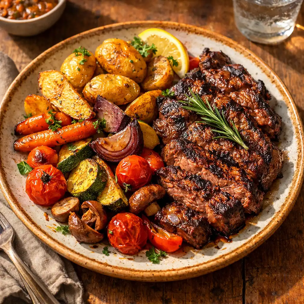 Plat généreux avec légumes rôtis et viande grillée