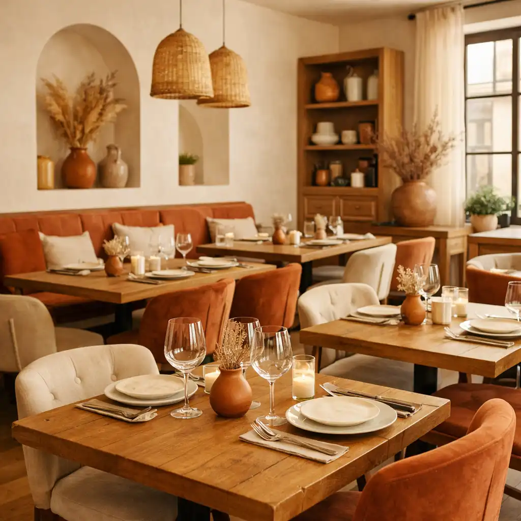 Salle de restaurant avec tables en bois et décoration chaleureuse