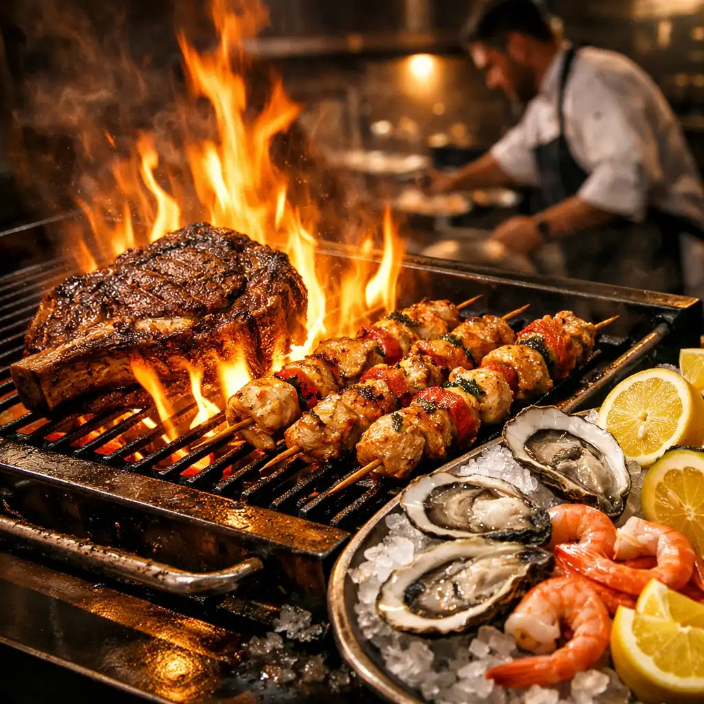 Grillades sur le feu et plateau de fruits de mer frais