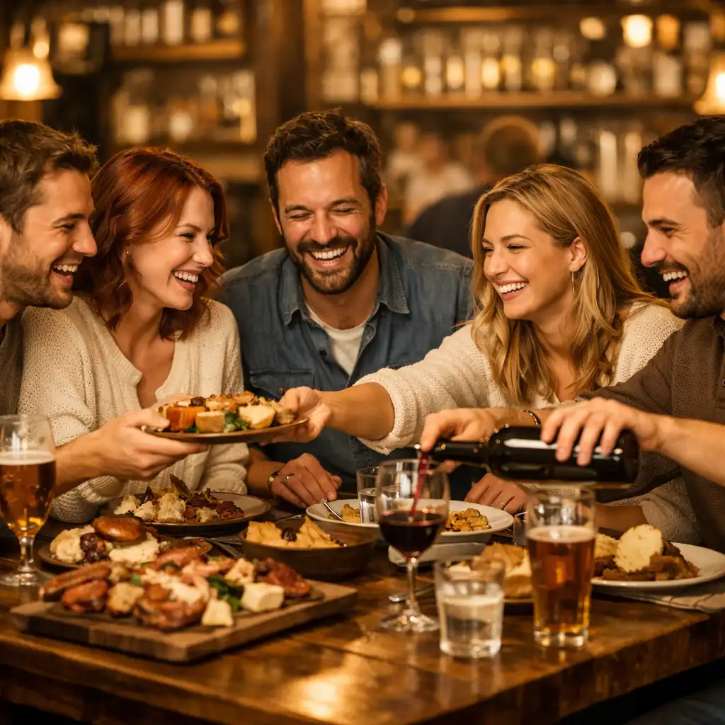 Groupe d'amis partageant un repas convivial autour d'une grande table