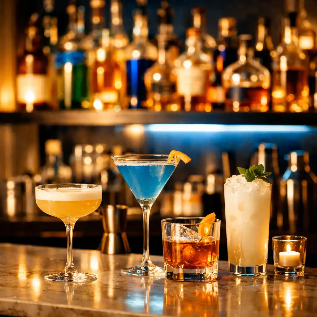 Bar à cocktails avec bouteilles colorées et verres dans une ambiance tamisée