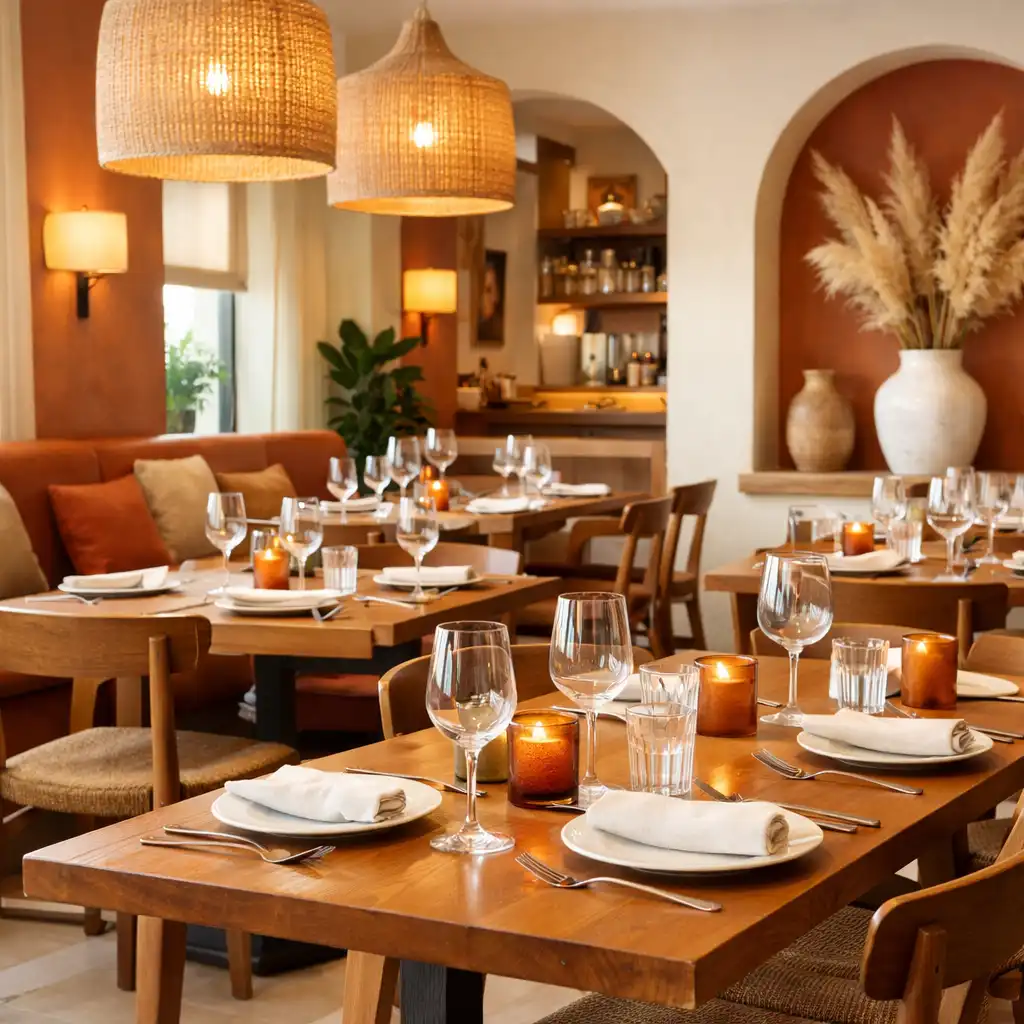 Intérieur chaleureux du restaurant avec tables dressées et décoration contemporaine