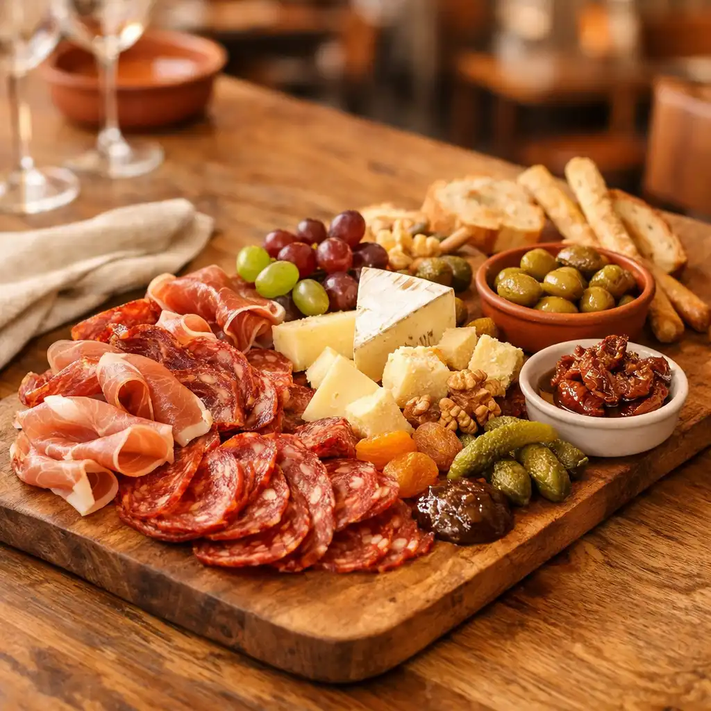 Planche de charcuterie et fromages à partager sur une table en bois