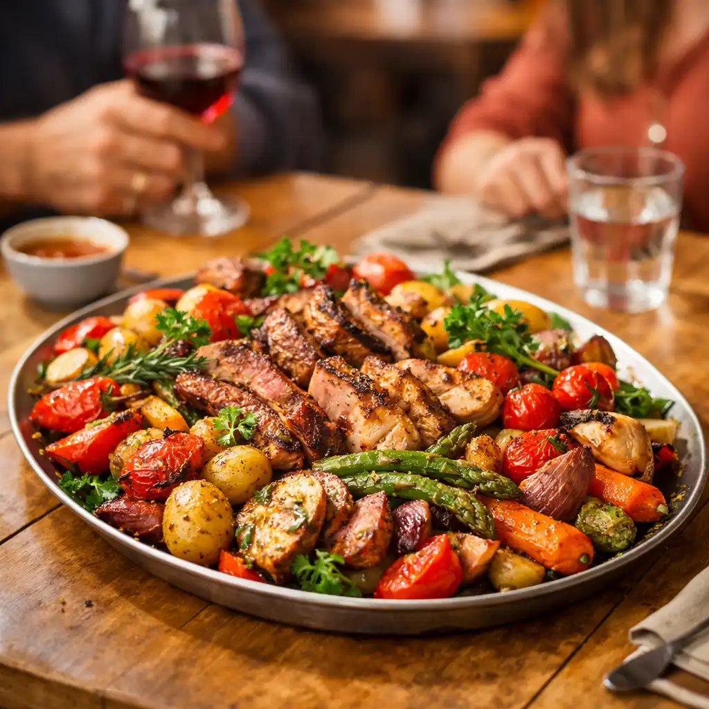 Plat à partager généreux avec légumes rôtis et viande grillée