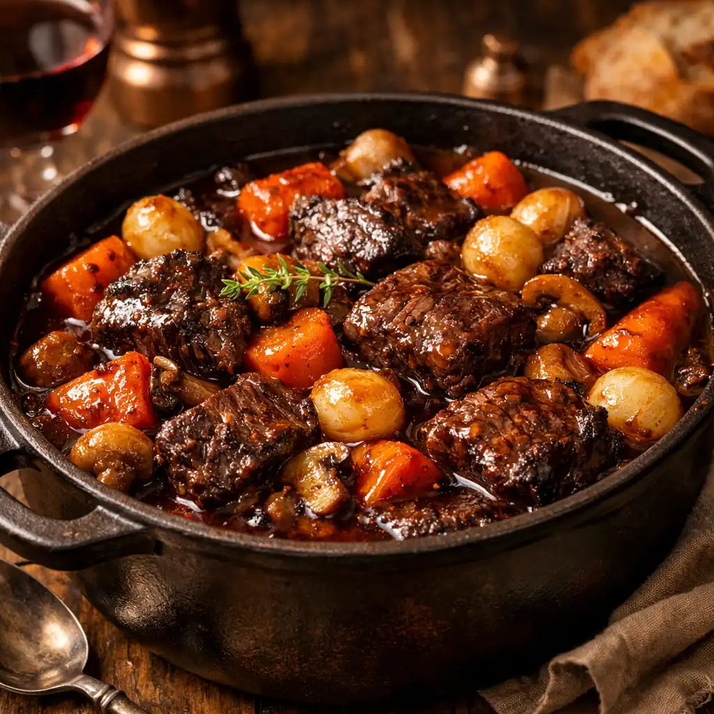 Bœuf bourguignon servi dans une cocotte en fonte avec carottes, champignons et oignons glacés