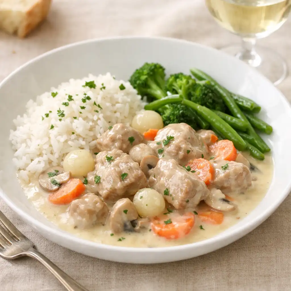 Blanquette de veau crémeuse servie avec du riz et des légumes verts