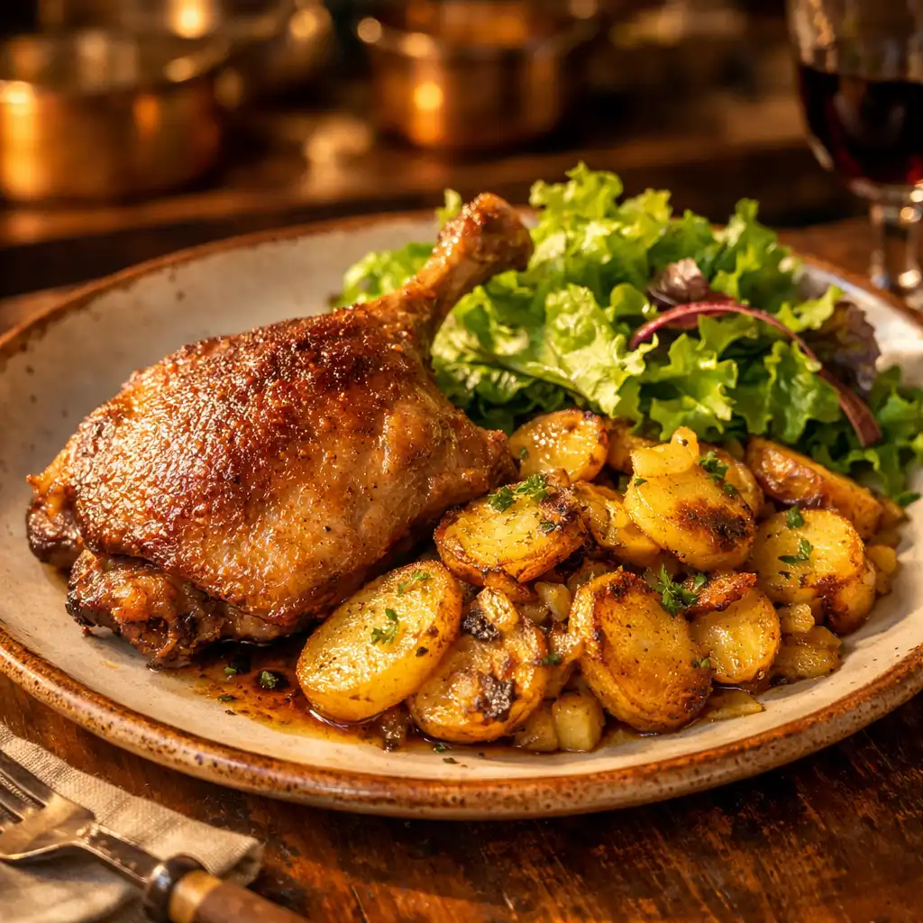 Confit de canard servi avec des pommes de terre sarladaises et une salade verte