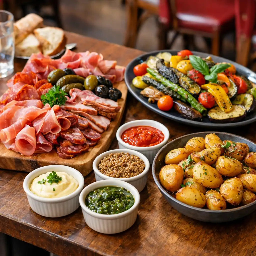Assortiment de plats à partager sur une table de brasserie avec charcuterie, légumes grillés et sauces