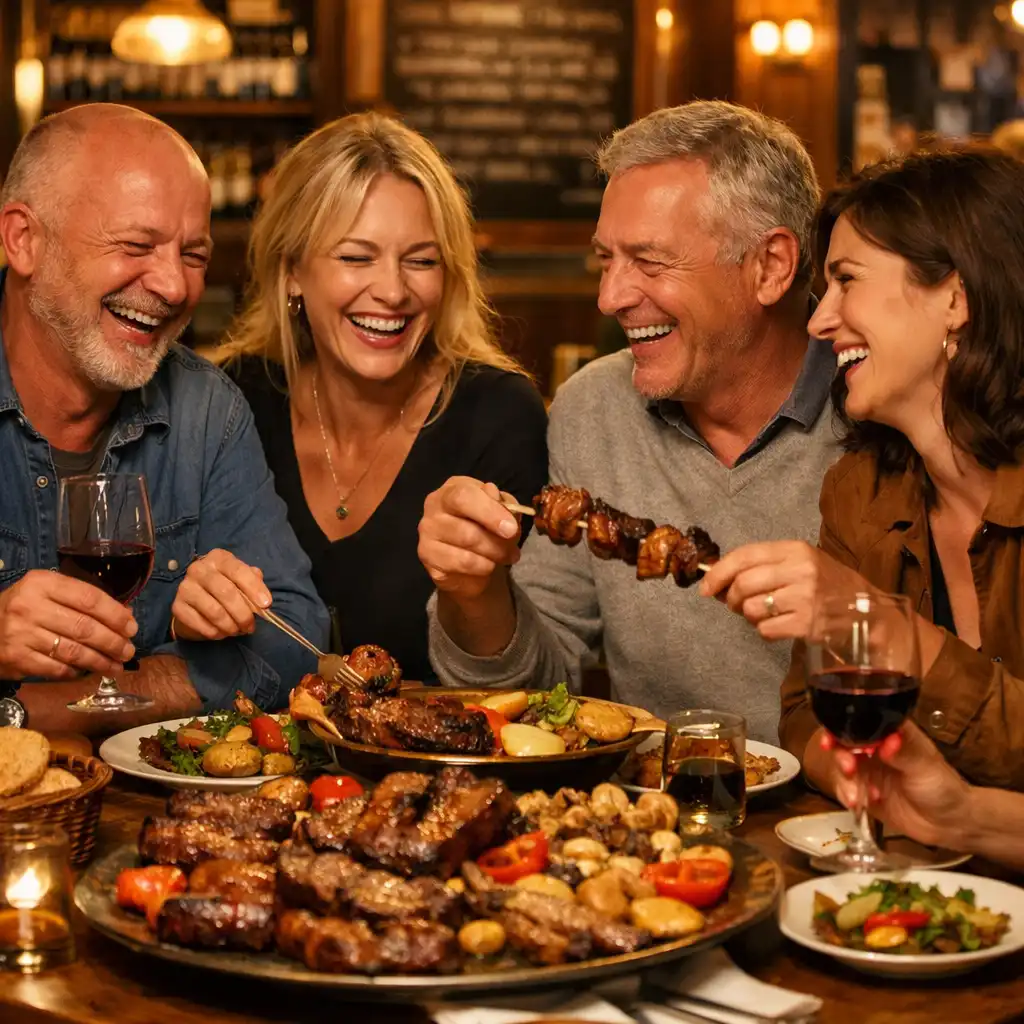 Amis de longue date riant et partageant des grillades et des légumes autour d'une table de brasserie
