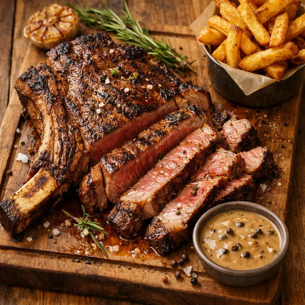 Côte de bœuf grillée sur une planche avec frites maison et sauce au poivre