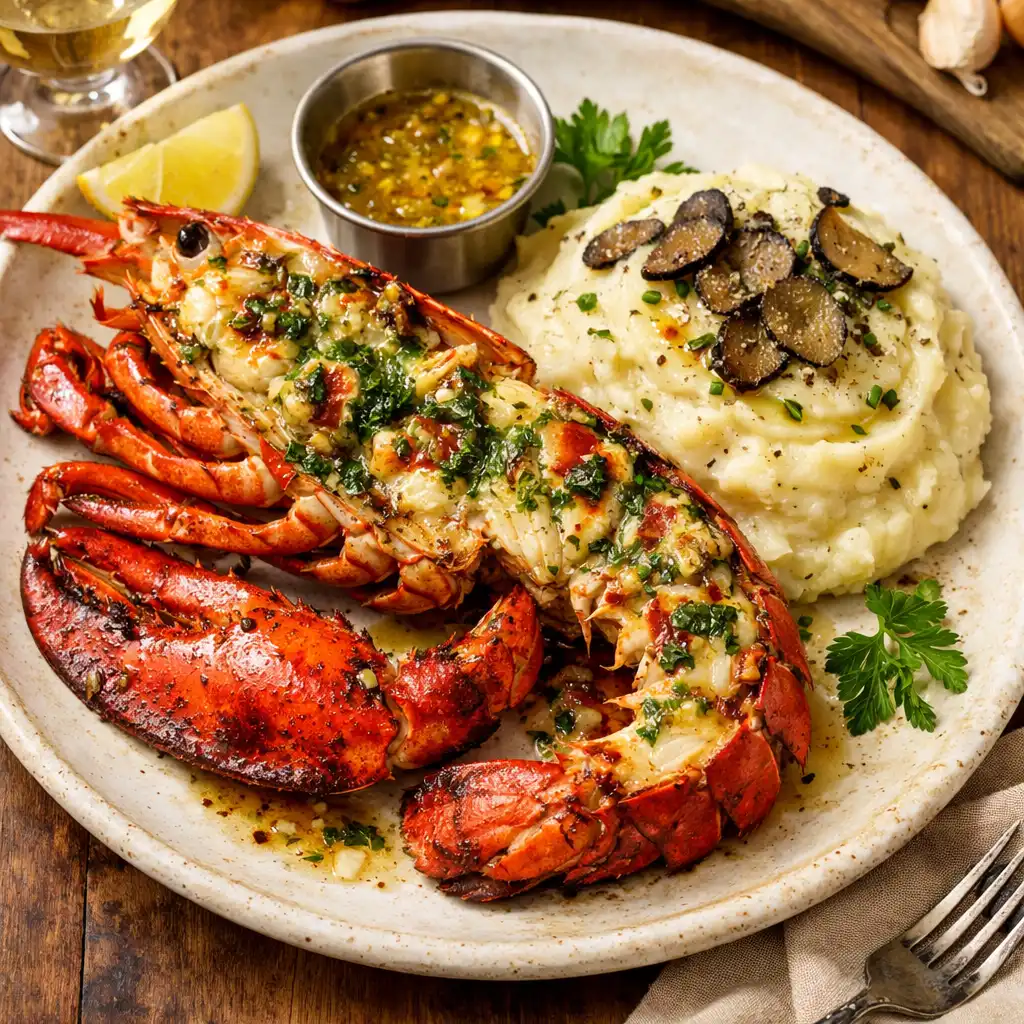 Homard grillé entier avec beurre d'ail et purée de pommes de terre à la truffe