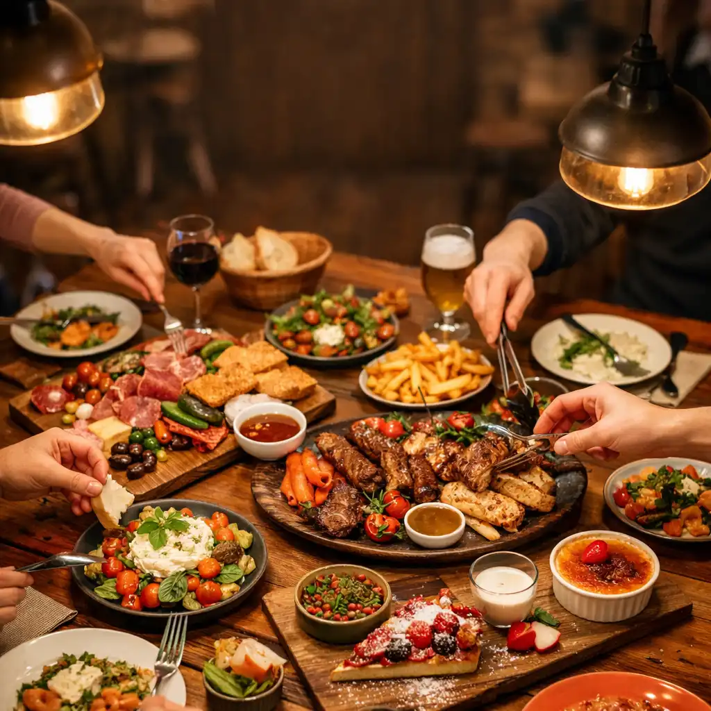 Grande table en bois remplie de plats colorés à partager dans une brasserie chaleureuse