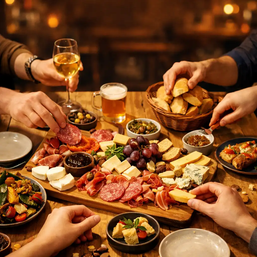 Table garnie de plats à partager, mains de convives se servant dans une ambiance chaleureuse